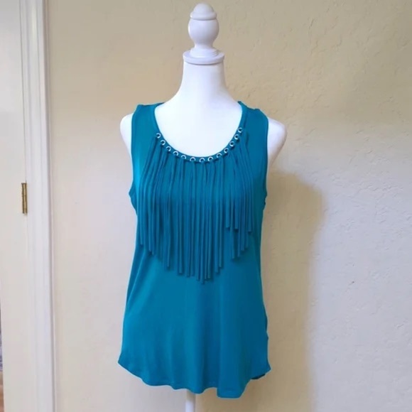 Michael Kors Tops - Michael Kors Tile Blue Silver Grommet Fringe Tank Top Size XL EUC